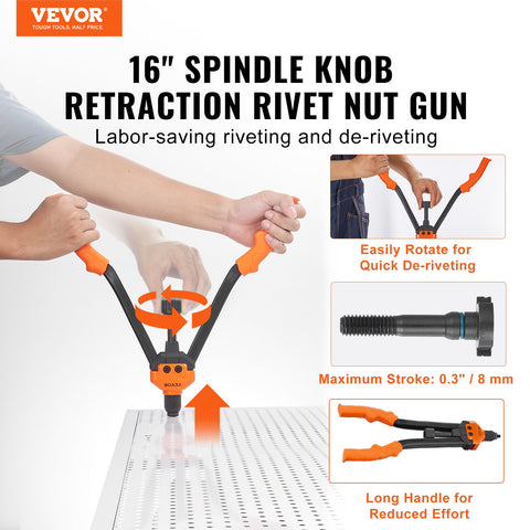 Rivet Nut Tool, 16” Rivnut Tool Kit with 13PCS Metric and SAE Mandrels, 186PCS Rivet Nuts, M3, M4, 10-24, M5, M6, 1/4-20, 8-32, 5/16-18, M8, 3/8-16, M10, M12, 1/2-13, With Carrying Case