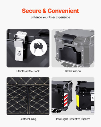Motorcycle Top Case, Universal Aluminum Alloy Motorbike Tail Box with Leather Lining, 45L Waterproof Detachable Motorcycle Top Box with Lock & Back Cushion, Fit for 99% of Motorcycle Frames