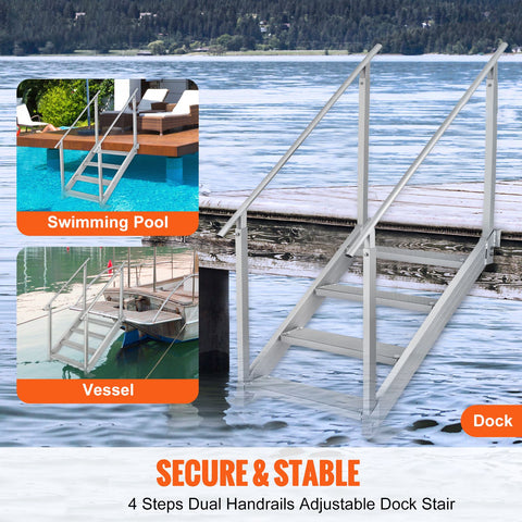 Dock Ladder 4 Step, Dock Stairs 30''-38'' Adjustable Height, 227 kgs Load Capacity, Aluminum Pontoon Boat Ladder with Dual Handrails & Nonslip Mat for Ship/Lake/Pool/Marine Boarding