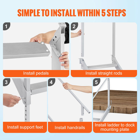 Dock Ladder 4 Step, Dock Stairs 30''-38'' Adjustable Height, 227 kgs Load Capacity, Aluminum Pontoon Boat Ladder with Dual Handrails & Nonslip Mat for Ship/Lake/Pool/Marine Boarding