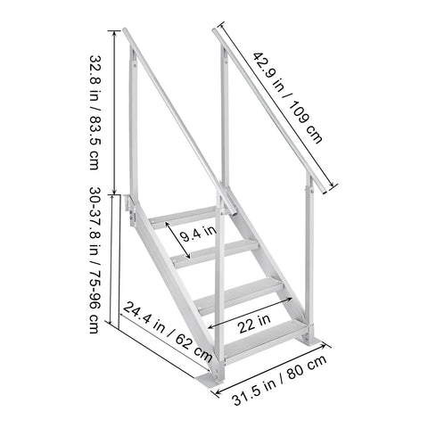 Dock Ladder 4 Step, Dock Stairs 30''-38'' Adjustable Height, 227 kgs Load Capacity, Aluminum Pontoon Boat Ladder with Dual Handrails & Nonslip Mat for Ship/Lake/Pool/Marine Boarding