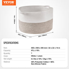 VEVOR Cotton Rope Storage Basket 87L Woven Blanket Basket 20 x 20 x 14 in