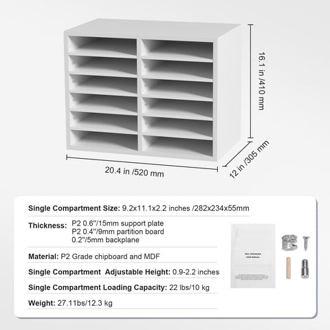 Wood Literature Organizer Adjustable File Sorter 12 Compartments White