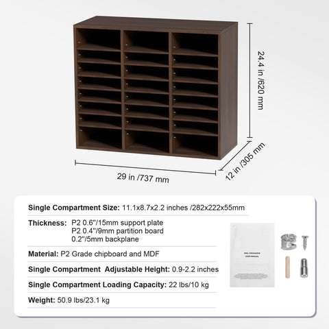 Wood Literature Organizer Adjustable File Sorter 24 Compartments Brown