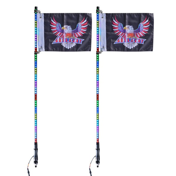 VEVOR 2 PCS 3 FT Whip Light, APP & RF Remote Control Led Whip Light, Waterproof RGB Chasing Lighted Whips with 4 Flags, for UTVs, ATVs, Motorcycles, RZR, Can-am, Trucks, Off-road, Go-karts