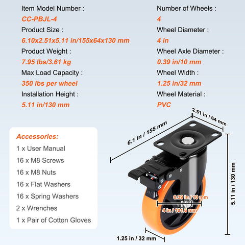 Caster Wheels, 101.6 mm Swivel Plate Casters, Set of 4, with Security A/B Locking No Noise PVC Wheels, Heavy Duty 159 kg Load Capacity Per Caster, Non-Marking Wheels for Cart Furniture Workbench