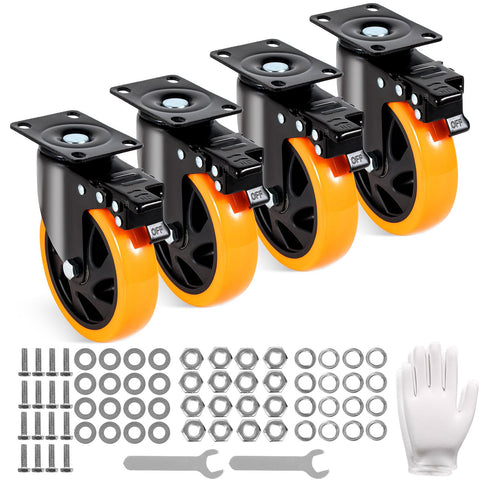 Caster Wheels, 127 mm Swivel Plate Casters, Set of 4, with Security A/B Locking No Noise PVC Wheels, Heavy Duty 204 kg Load Capacity Per Caster, Non-Marking Wheels for Cart Furniture Workbench