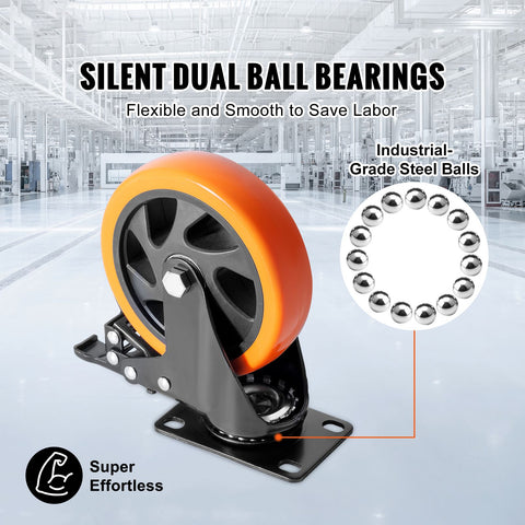 Caster Wheels, 127 mm Swivel Plate Casters, Set of 4, with Security A/B Locking No Noise PVC Wheels, Heavy Duty 204 kg Load Capacity Per Caster, Non-Marking Wheels for Cart Furniture Workbench