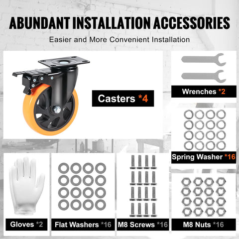 Caster Wheels, 127 mm Swivel Plate Casters, Set of 4, with Security A/B Locking No Noise PVC Wheels, Heavy Duty 204 kg Load Capacity Per Caster, Non-Marking Wheels for Cart Furniture Workbench
