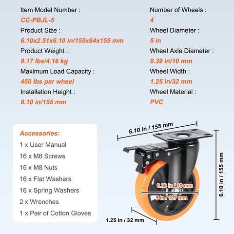 Caster Wheels, 127 mm Swivel Plate Casters, Set of 4, with Security A/B Locking No Noise PVC Wheels, Heavy Duty 204 kg Load Capacity Per Caster, Non-Marking Wheels for Cart Furniture Workbench