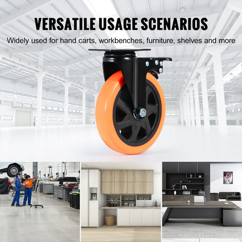 Caster Wheels, 152.4 mm Swivel Plate Casters, Set of 4, with Security A/B Locking No Noise PVC Wheels, Heavy Duty 318 kg Load Capacity Per Caster, Non-Marking Wheels for Cart Furniture Workbench