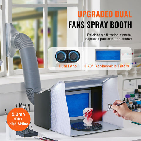 Airbrush Spray Booth, Portable Hobby Airbrush Paint Spray Booth Kit with 4 LED Light, Powerful Dual Exhaust Fans, Turntable and 6 ft Extension Hose, for Painting Models, Arts, Crafts, Cakes
