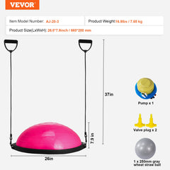 VEVOR Half Exercise Ball Trainer, 26 inch Balance Ball Trainer, 1500lbs Capacity Stability Ball, Yoga Ball with Resistance Bands & Foot Pump, Strength Fitness Ball for Home Gym Full Body Workout, Pink
