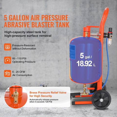 5 Gallon Sand Blaster 60-110 PSI High Pressure Sandblaster with 4 Nozzles
