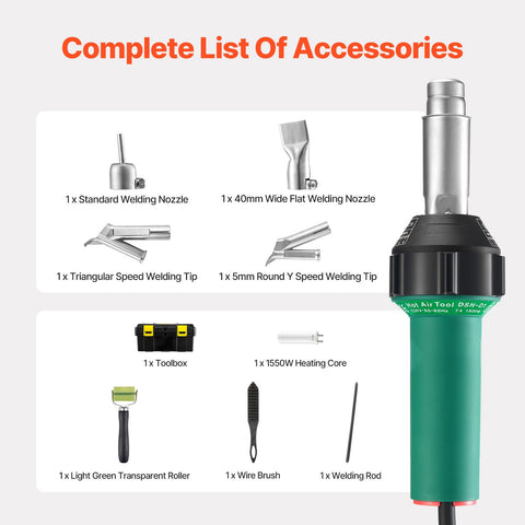 Hot Air Plastic Welder 1600W PVC TPO Vinyl Heat Gun Torch & 9 Accessories