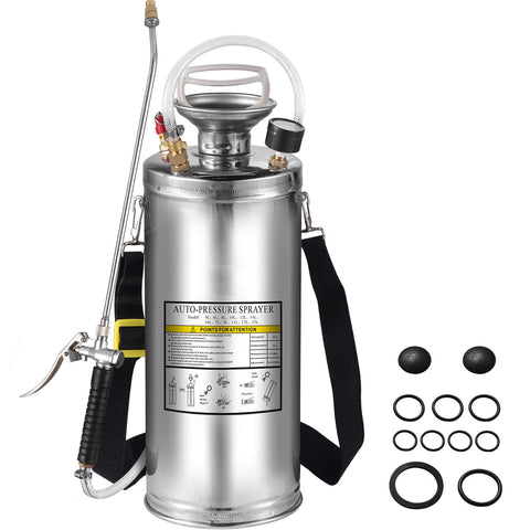 2Gal Stainless Steel Sprayer, Set with 20"" Wand& Handle& 3FT Reinforced Hose, Hand Pump Sprayer with Pressure Gauge&Safety Valve, Adjustable Nozzle Suitable for Gardening and Sanitizing