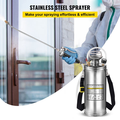 2Gal Stainless Steel Sprayer, Set with 20"" Wand& Handle& 3FT Reinforced Hose, Hand Pump Sprayer with Pressure Gauge&Safety Valve, Adjustable Nozzle Suitable for Gardening and Sanitizing