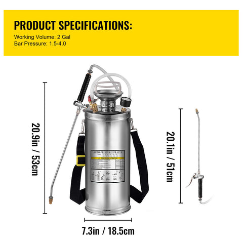 2Gal Stainless Steel Sprayer, Set with 20"" Wand& Handle& 3FT Reinforced Hose, Hand Pump Sprayer with Pressure Gauge&Safety Valve, Adjustable Nozzle Suitable for Gardening and Sanitizing