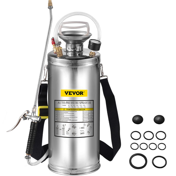 2Gal Stainless Steel Sprayer, Set with 20"" Wand& Handle& 3FT Reinforced Hose, Hand Pump Sprayer with Pressure Gauge&Safety Valve, Adjustable Nozzle Suitable for Gardening and Sanitizing