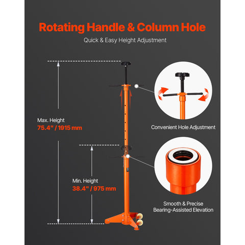 Underhoist Support Stand, 3/4 Ton Capacity Under Hoist Jack Stand, Lifting from 38.4 to 75.4 in, Bearing Mounted Spin Handle, Self-Locking Threaded Screw, Two Wheels, Support Vehicle Components