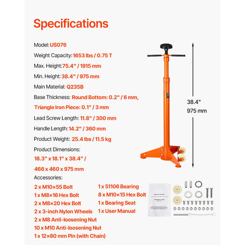 Underhoist Support Stand, 3/4 Ton Capacity Under Hoist Jack Stand, Lifting from 38.4 to 75.4 in, Bearing Mounted Spin Handle, Self-Locking Threaded Screw, Two Wheels, Support Vehicle Components