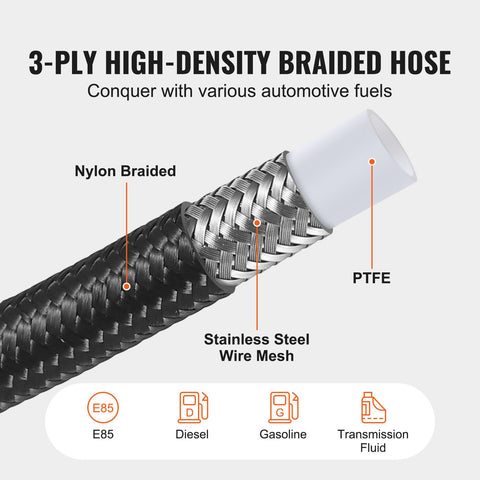 6AN Fuel Line Kit, 7.62 m Fuel Hose Kit, Nylon Stainless Steel Braided PTFE Fuel Line Kit, E85/Oil/Gas/Diesel Hose End Fitting Kit, with 15 PCS Swivel Fitting Adapter Kit, Black
