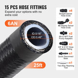 6AN Fuel Line Kit, 7.62 m Fuel Hose Kit, Nylon Stainless Steel Braided PTFE Fuel Line Kit, E85/Oil/Gas/Diesel Hose End Fitting Kit, with 15 PCS Swivel Fitting Adapter Kit, Black