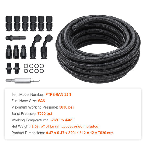 6AN Fuel Line Kit, 7.62 m Fuel Hose Kit, Nylon Stainless Steel Braided PTFE Fuel Line Kit, E85/Oil/Gas/Diesel Hose End Fitting Kit, with 15 PCS Swivel Fitting Adapter Kit, Black