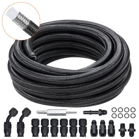 6AN Fuel Line Kit, 7.62 m Fuel Hose Kit, Nylon Stainless Steel Braided PTFE Fuel Line Kit, E85/Oil/Gas/Diesel Hose End Fitting Kit, with 15 PCS Swivel Fitting Adapter Kit, Black
