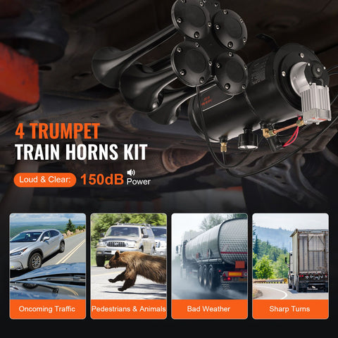 Train Horns Kit, 4 Trumpet Air Horn Kit, 150dB Train Horns for Pickup Trucks, 12V 120 psi Air Compressor 0.8 Gal/3 L Tank with Gauge for Any 12V Vehicle Car Truck Train Van Boat