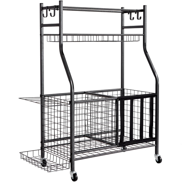 Sports Equipment Garage Organizer, Rolling Ball Storage Cart on Wheels, Basketball Rack with Baskets & Hooks, Indoor/Outdoor Sports Gear and Toys Storage, Steel Sports Equipment Organizer, Black
