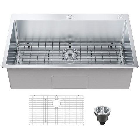 Kitchen Sink, 304 Stainless Steel Drop-In Sinks, Top Mount Single Bowl Basin with Accessories(Pack of 3), Household Dishwasher Sinks for Workstation, RV, Prep Kitchen, and Bar Sink, 33 inch