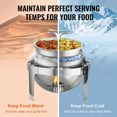 Roll Top Chafing Dish Buffet Set, 5.5L 2 Pack, Stainless Steel Chafer with 2 Full Size Pans, Round Catering Warmer Server with Lid Water Pan Stand Fuel Holder, for at Least 5 People Each