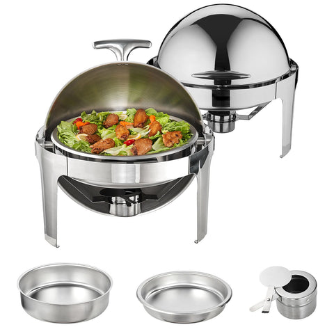 Roll Top Chafing Dish Buffet Set, 5.5L 2 Pack, Stainless Steel Chafer with 2 Full Size Pans, Round Catering Warmer Server with Lid Water Pan Stand Fuel Holder, for at Least 5 People Each