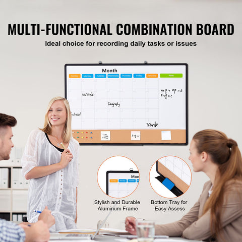 36"x 24" Monthly Calendar Whiteboard & Cork Board Combo with Aluminum Frame – 2-in-1 Magnetic Dry Erase Bulletin Board for Wall Mount – Ideal for School, Home, Office