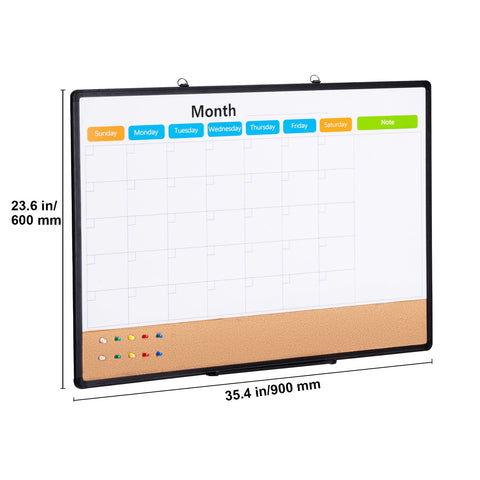 36"x 24" Monthly Calendar Whiteboard & Cork Board Combo with Aluminum Frame – 2-in-1 Magnetic Dry Erase Bulletin Board for Wall Mount – Ideal for School, Home, Office