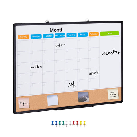 36"x 24" Monthly Calendar Whiteboard & Cork Board Combo with Aluminum Frame – 2-in-1 Magnetic Dry Erase Bulletin Board for Wall Mount – Ideal for School, Home, Office