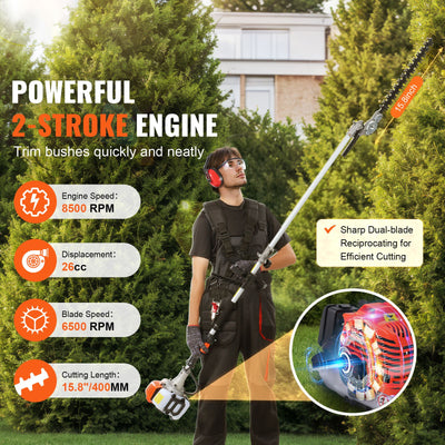15.7-inch 26CC 2 Cycle Gas Hedge Trimmer, Gas Powered Pole Hedge Trimmer with Dual Sided Dual Action Blade, Adjustable Trimmer Head, Suitable for Trimming Shrubs, Bushes