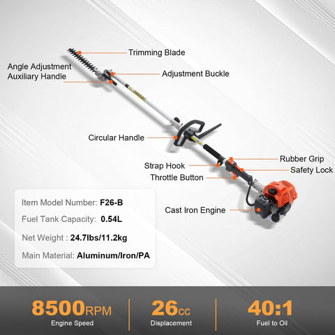 15.7-inch 26CC 2 Cycle Gas Hedge Trimmer, Gas Powered Pole Hedge Trimmer with Dual Sided Dual Action Blade, Adjustable Trimmer Head, Suitable for Trimming Shrubs, Bushes