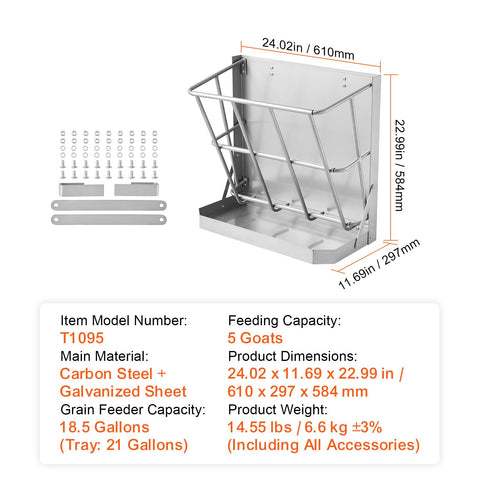 Goat Hay Feeder, 21 Gallons Large Capacity, 2 in 1 Hay and Grain Feeder, Wall Mounted Livestock Feeder with Feed Tray, Multiple Sided Goat Hay Rack, Sturdy Steel Hay Rack for Sheep Horses