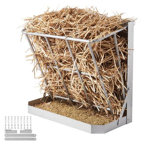 Goat Hay Feeder, 21 Gallons Large Capacity, 2 in 1 Hay and Grain Feeder, Wall Mounted Livestock Feeder with Feed Tray, Multiple Sided Goat Hay Rack, Sturdy Steel Hay Rack for Sheep Horses