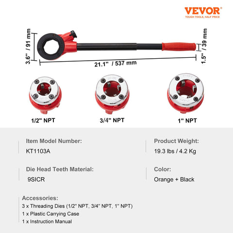Ratchet Pipe Threader Kit, 1/2" NPT, 3/4" NPT, 1" NPT Manual Ratcheting Pipe Threader, Portable Pipe Threading Tool Set with 3PCS NPT Dies, Storage Case for Galvanized Aluminum Iron Copper Pipes