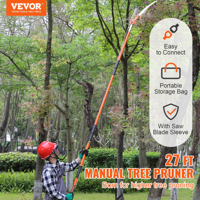 Manual Pole Saw, 2.24 m-8.24 m Extendable Tree Pruner, Sharp Steel Blade and Scissors High Branches Trimming, Branch Trimmer with Lightweight 8 Fiberglass Handles, for Pruning Palms and Shrubs