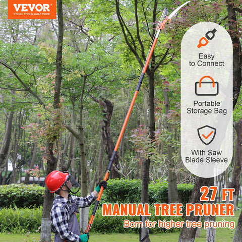 Manual Pole Saw, 2.24 m-8.24 m Extendable Tree Pruner, Sharp Steel Blade and Scissors High Branches Trimming, Branch Trimmer with Lightweight 8 Fiberglass Handles, for Pruning Palms and Shrubs