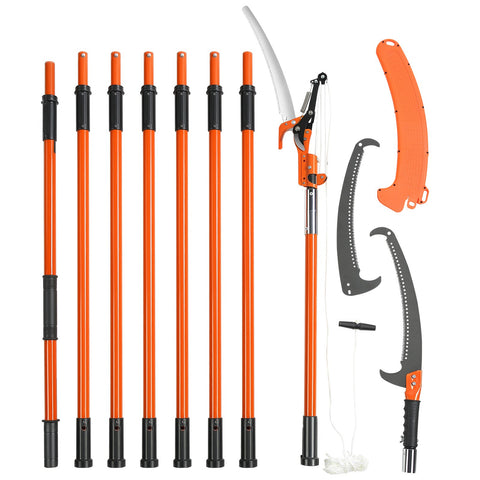 Manual Pole Saw, 2.24 m-8.24 m Extendable Tree Pruner, Sharp Steel Blade and Scissors High Branches Trimming, Branch Trimmer with Lightweight 8 Fiberglass Handles, for Pruning Palms and Shrubs