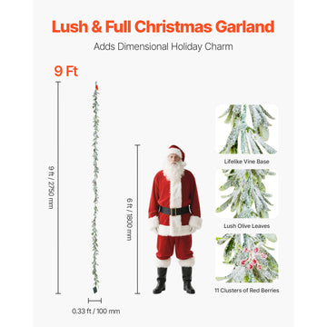 Christmas Garland, 2750 mm Realistic Greenery Decorated with Vines, Olive Leaves, and Berries, Evergreen Faux Garlands with Light String for Indoor Outdoor Xmas Decoration on Mantel Fireplace