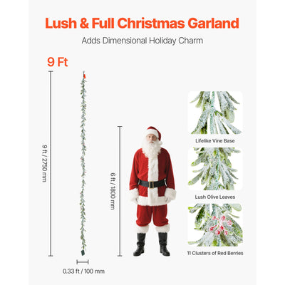 Christmas Garland, 2750 mm Realistic Greenery Decorated with Vines, Olive Leaves, and Berries, Evergreen Faux Garlands with Light String for Indoor Outdoor Xmas Decoration on Mantel Fireplace