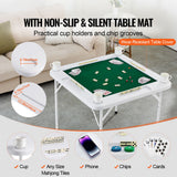 Mahjong Table, 4 Player Folding Domino Table with Wear-Resistant Green Tabletop, Portable Square Card Table with 4 Cup Holders & 4 Chip Trays for Mahjong Poker Puzzles, 90 x90-inch