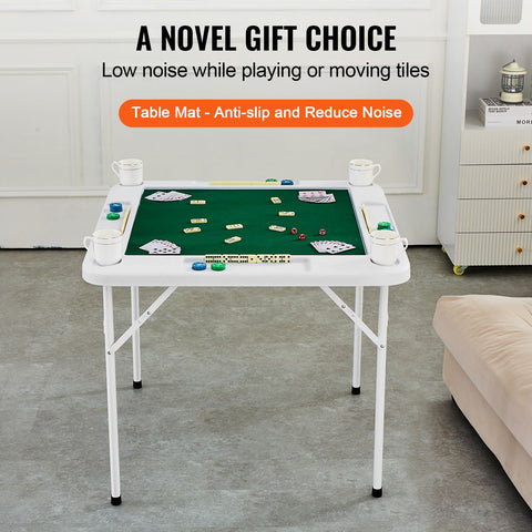 Mahjong Table, 4 Player Folding Domino Table with Wear-Resistant Green Tabletop, Portable Square Card Table with 4 Cup Holders & 4 Chip Trays for Mahjong Poker Puzzles, 90 x90-inch