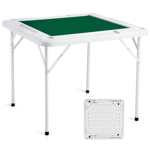 Mahjong Table, 4 Player Folding Domino Table with Wear-Resistant Green Tabletop, Portable Square Card Table with 4 Cup Holders & 4 Chip Trays for Mahjong Poker Puzzles, 90 x90-inch